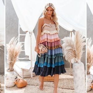 AUTUMN TONES RUFFLE TIERED MIDI DRESS